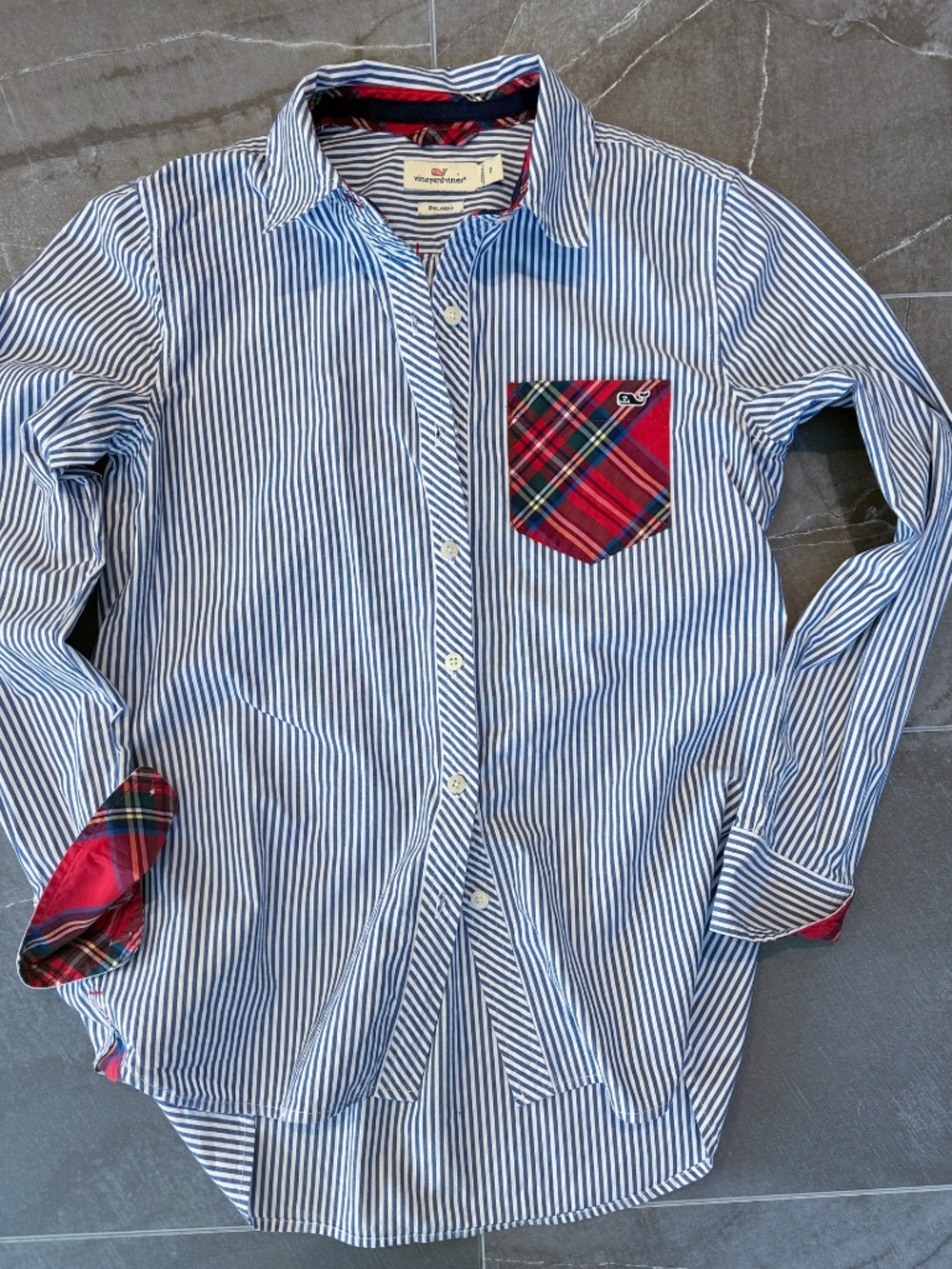 Vineyard Vines Blue Striped Plaid Pocket Button Down